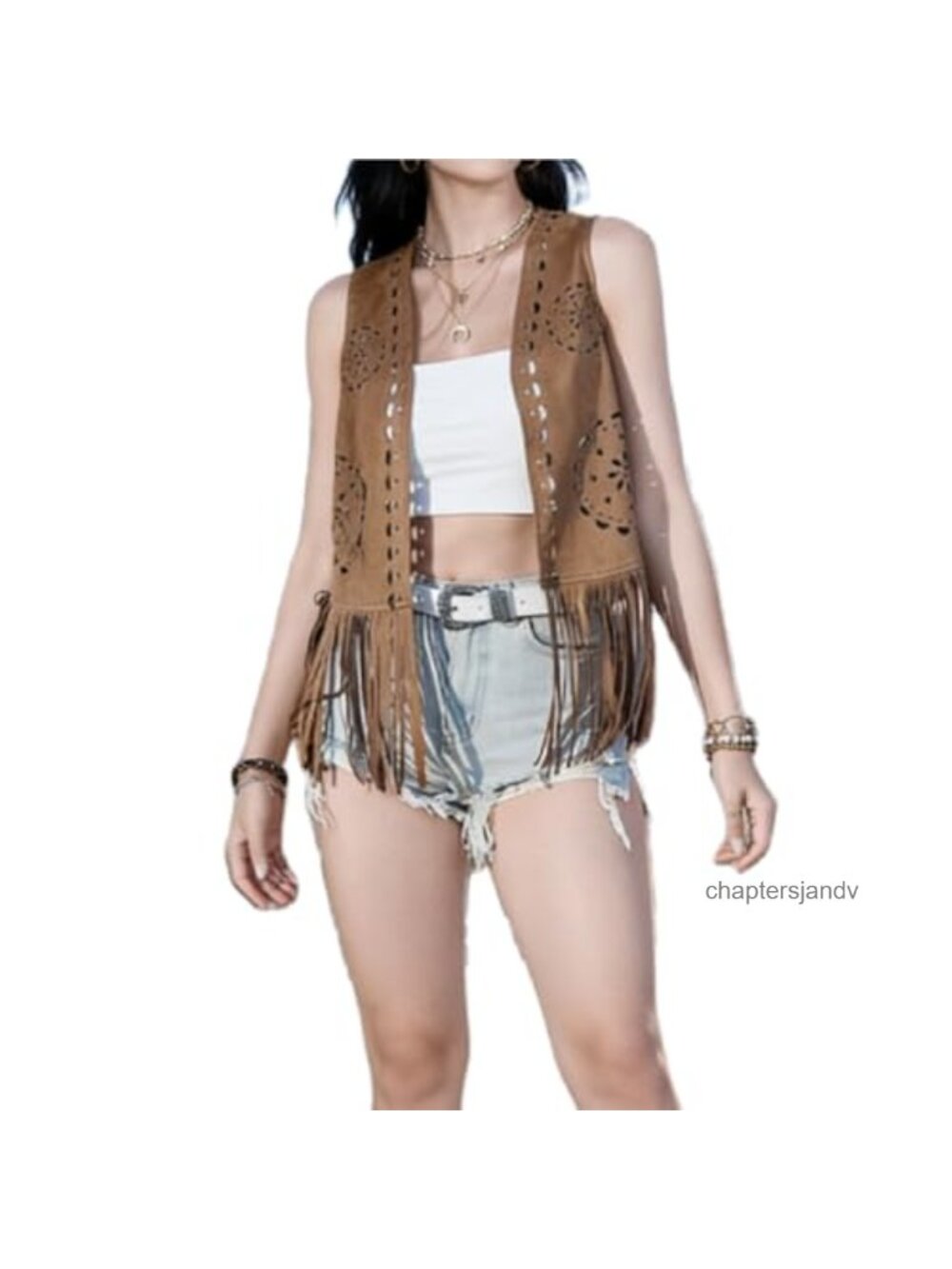 Studded Fringe Faux Trim Open Front Sleeveless Suede Vest Jacket
